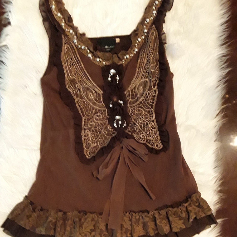 Brown Tank with Lace Ruffle